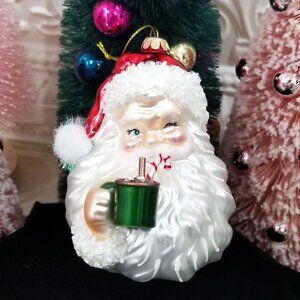 Blown Glass Winking Santa Drinking Cocoa Christmas Ornament Beaded